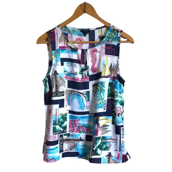 Talbots Silky Sleeveless Top Mp Fun Summer Print Seahorse Countries - Picture 1 of 8